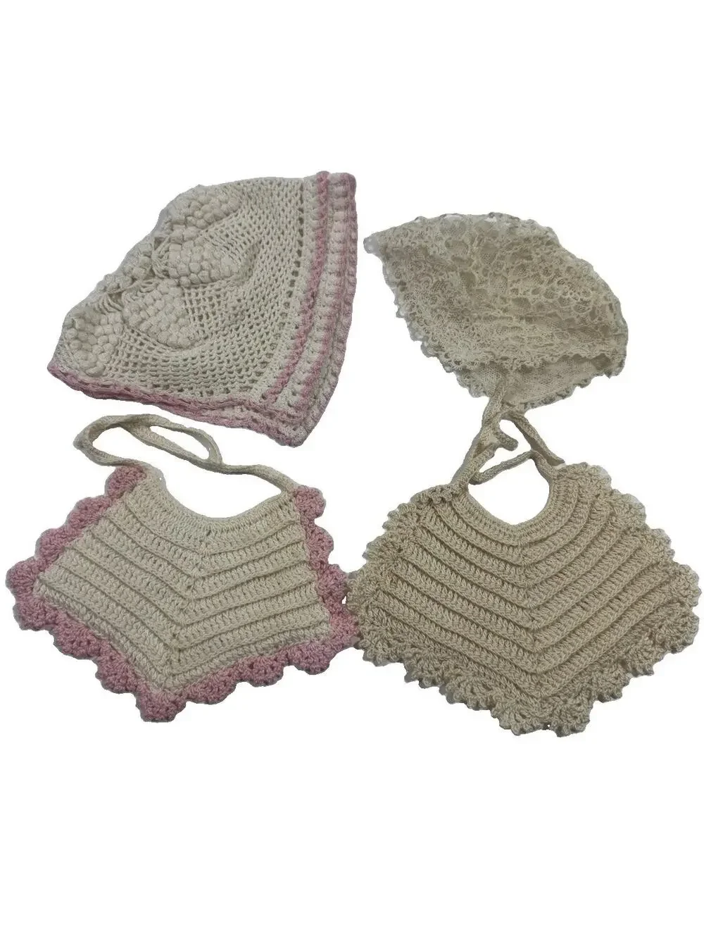 Handmade Crochet Baby Hats Bibs With Pink Trim And Lace
